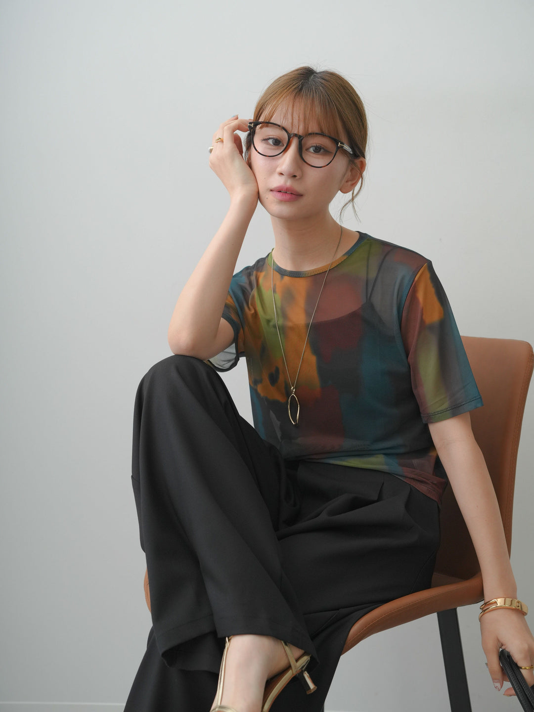[SET]水彩アートシアーTシャツ+アシンメトリーベルトタックワイドパンツ(2set)