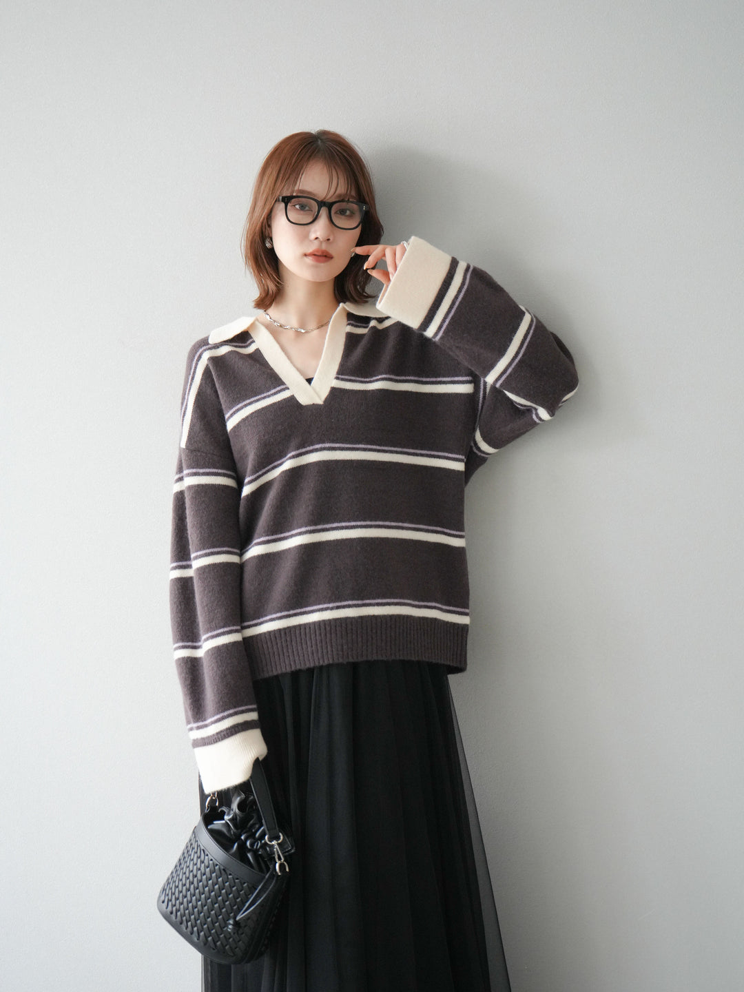 [SET]ポロ襟スキッパーボーダーニットプルオーバー+チュールボリュームスカート(2set)