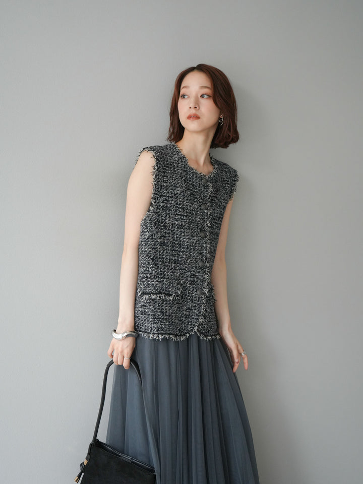 [予約]ミックスツイードフリンジニットベスト/ブラック