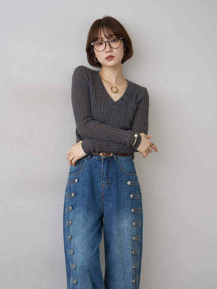 [SET]ネックボタンスリムリブVニットトップス+ナポレオンライトウォッシュワイドデニム(2set)