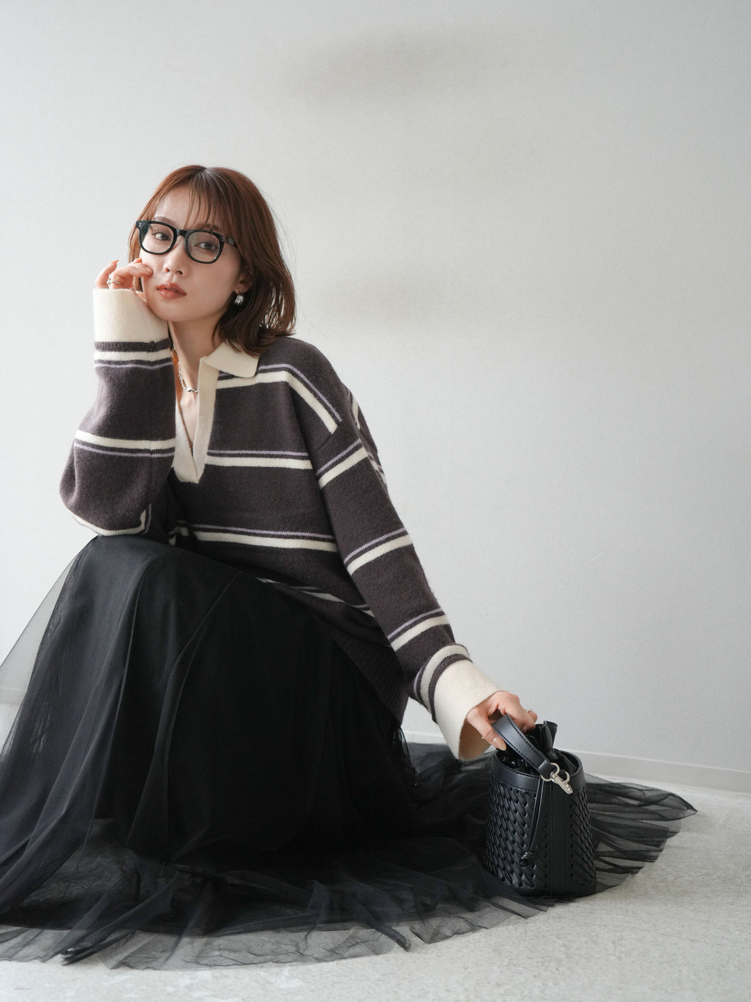 [SET]ポロ襟スキッパーボーダーニットプルオーバー+チュールボリュームスカート(2set)