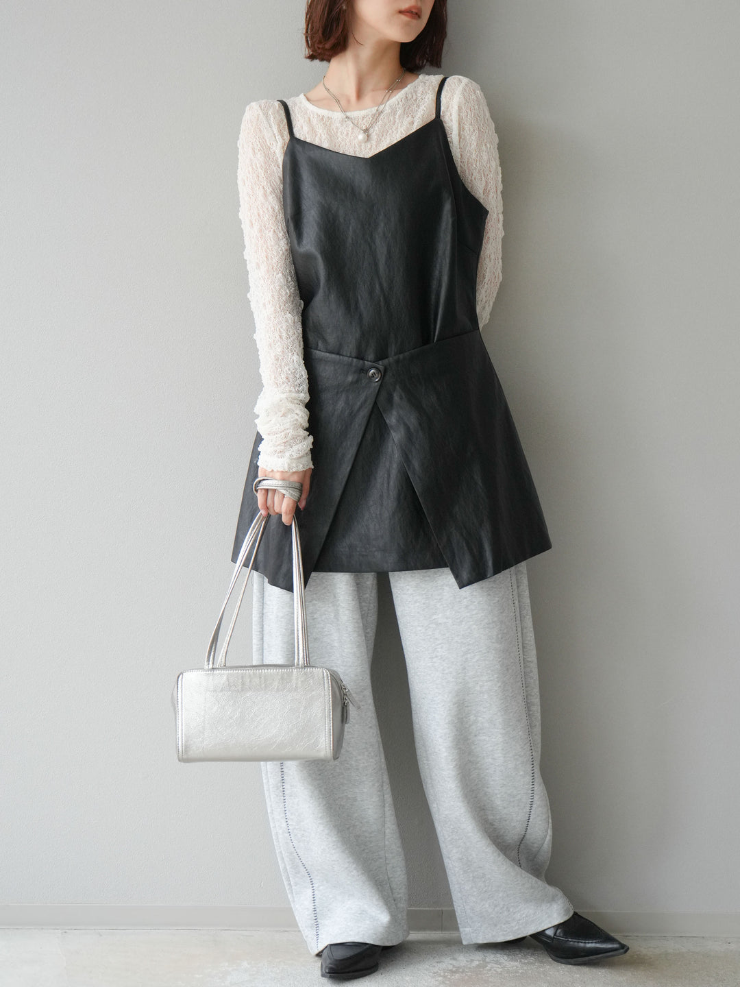 [予約]レイヤードレザーキャミソールチュニック/ブラック