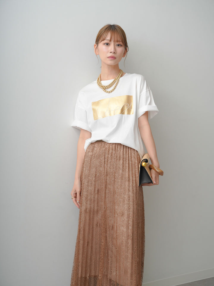[SET]箔プリントボックスTEE+フローラルレースプリーツスカート(2set)
