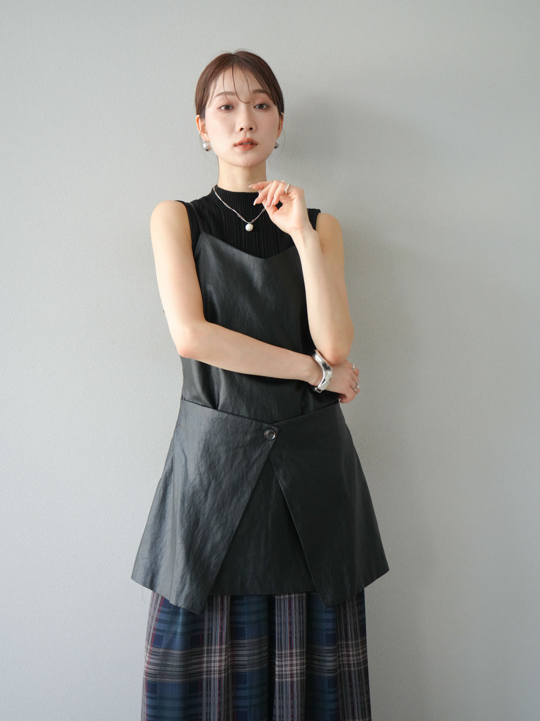 [予約]レイヤードレザーキャミソールチュニック/ブラック