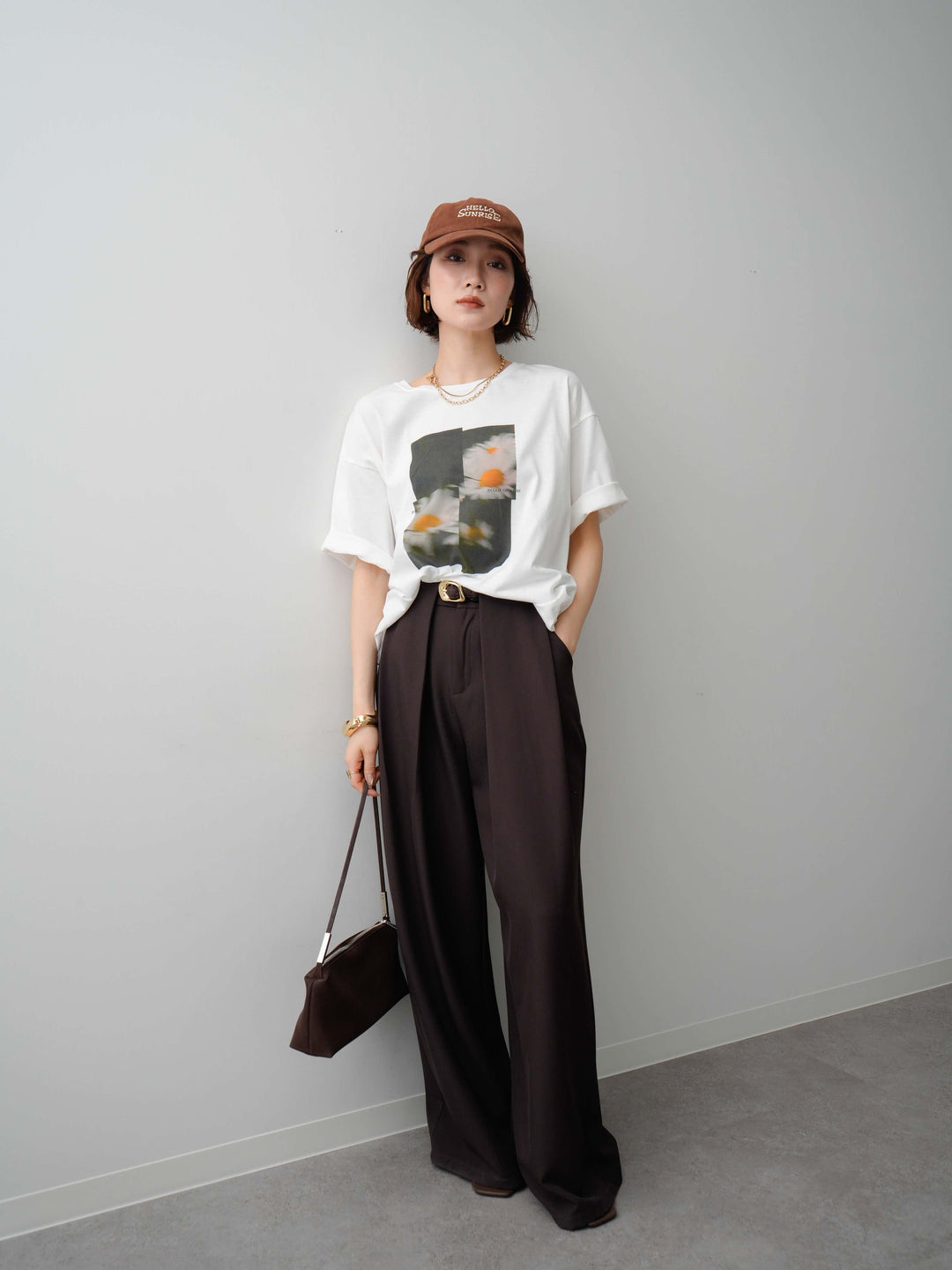 [SET]フラワーフォトTEE+ベルトループデザインワイドパンツ(2set)