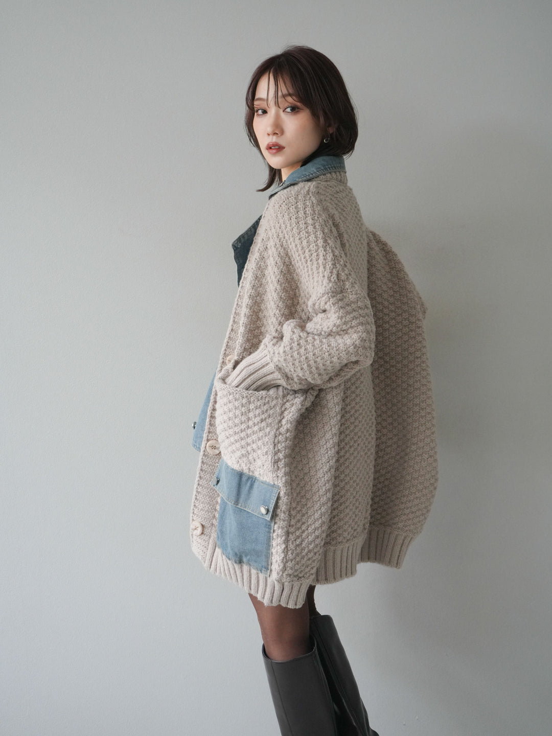 [予約]デニム襟レイヤードニットジャケット/greige