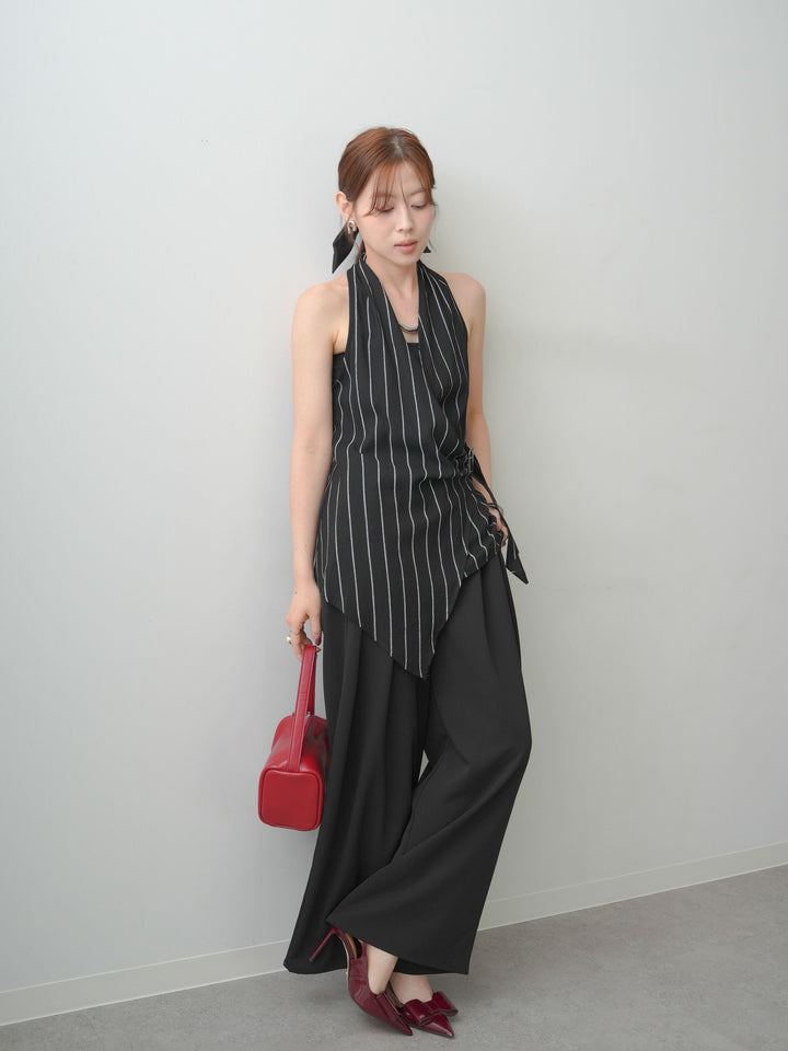 [SET]ストライプカシュクールジレ+クレープデシンタックワイドパンツ(2set)
