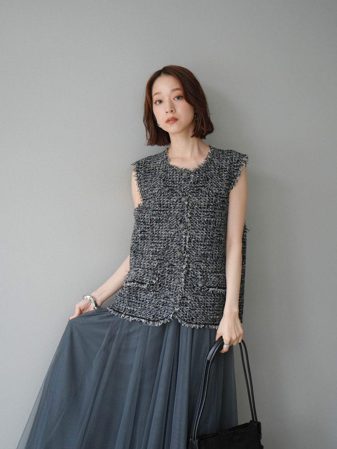 [予約]ミックスツイードフリンジニットベスト/ブラック