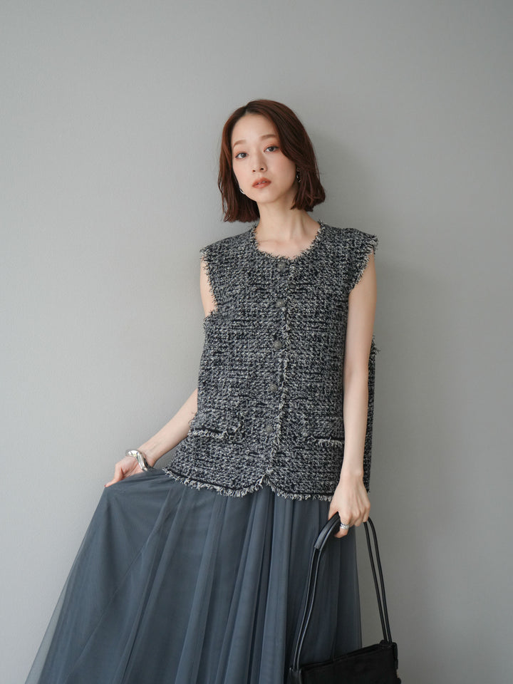 [予約]ミックスツイードフリンジニットベスト/ブラック