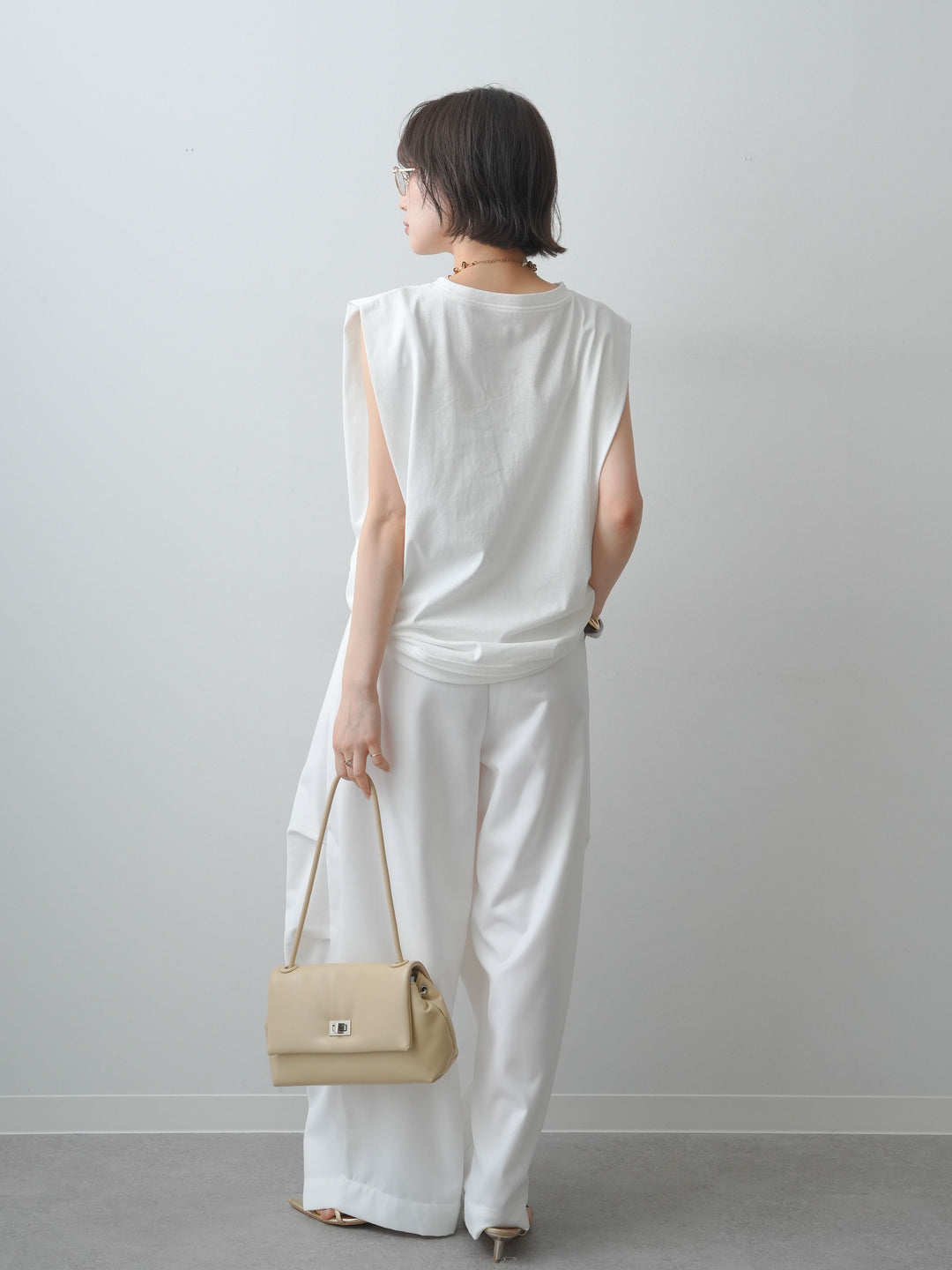 [SET]ワイドネックプリントTEE+ショルダータックノースリーブオーバーTEE(2set)