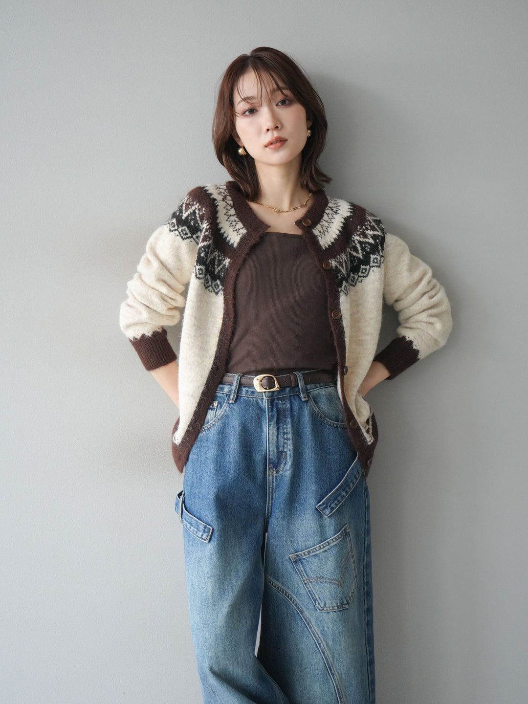 [SET]ノルディック柄ニットカーディガン+ペインターカーブデニムパンツ(2set)