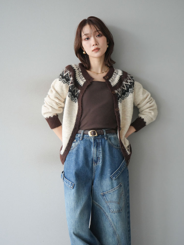 [SET]ノルディック柄ニットカーディガン+ペインターカーブデニムパンツ(2set)