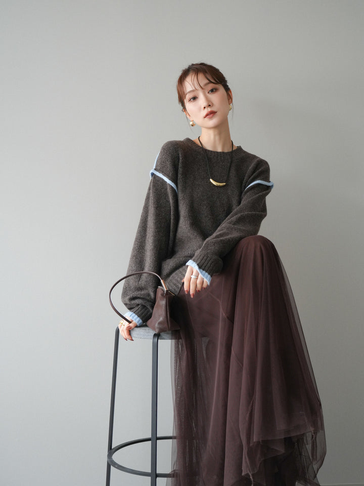 [予約]バイカラーパイピングニットプルオーバー/brown