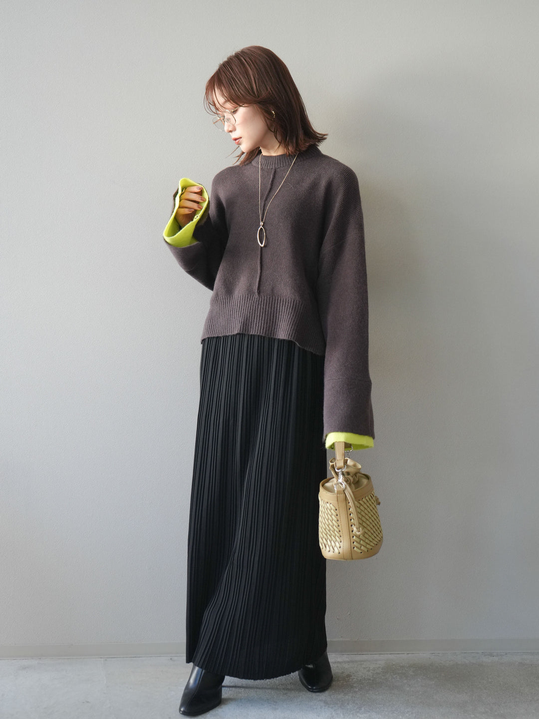 [SET]袖レイヤード配色ニットプルオーバー+プリーツIラインスカート(2set)