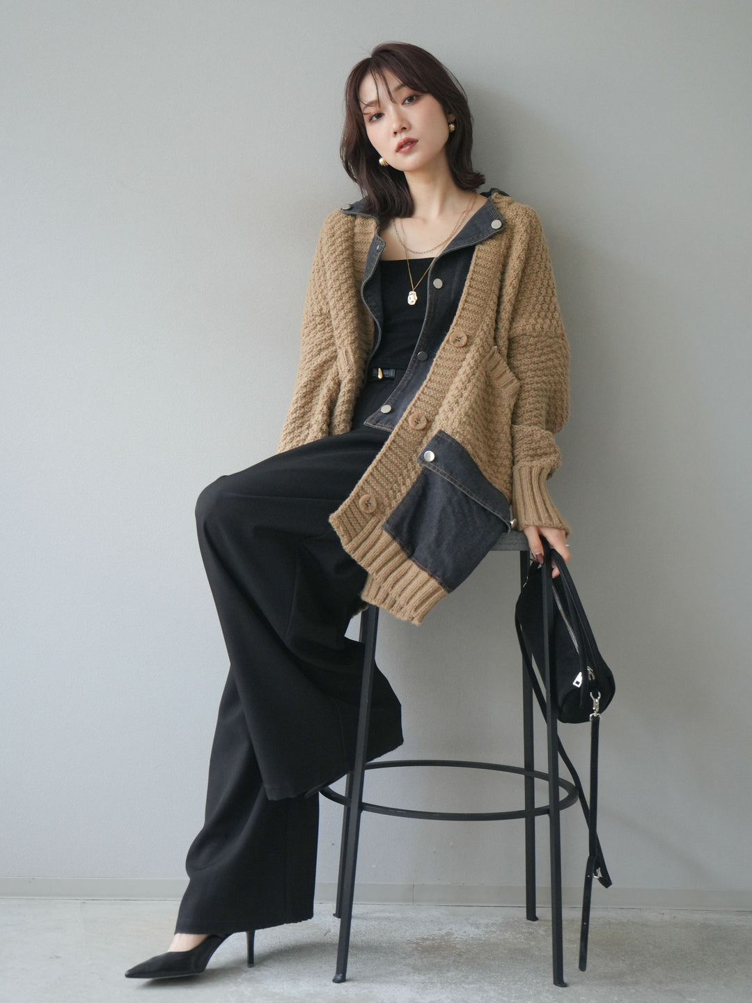 [SET]デニム襟レイヤードニットジャケット+ベルトループデザインワイドパンツ(2set)