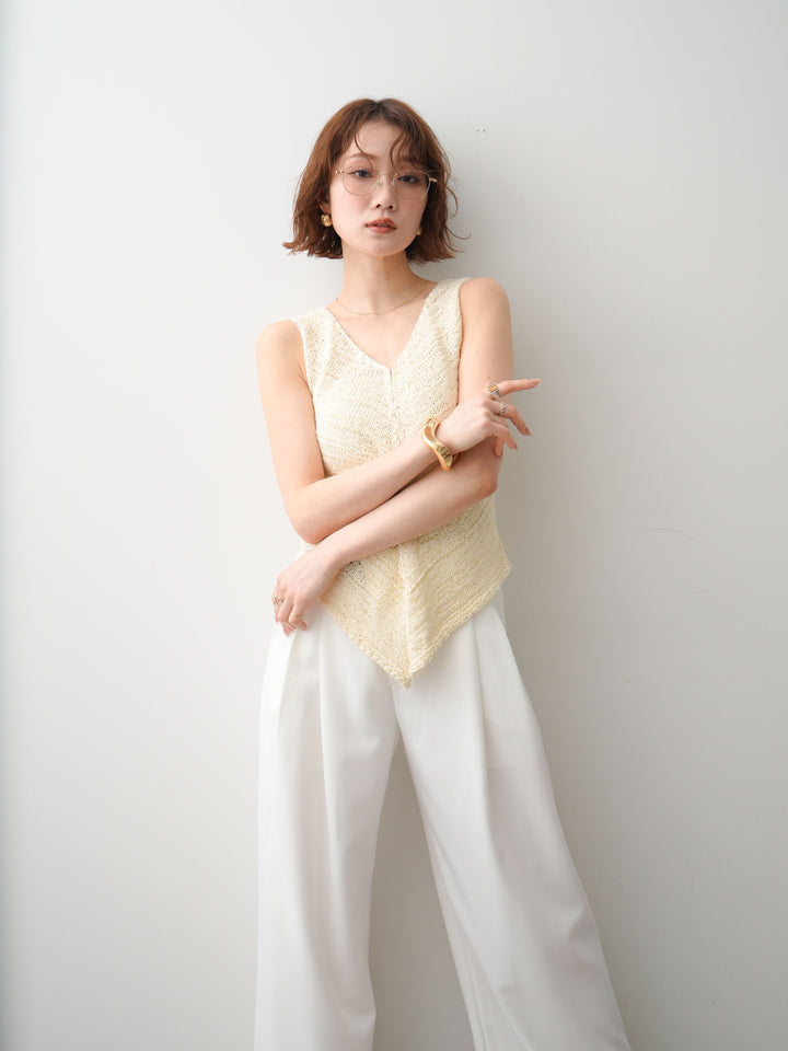 [SET]テープヤーンVネックニットトップス+アシンメトリーベルトタックワイドパンツ(2set)