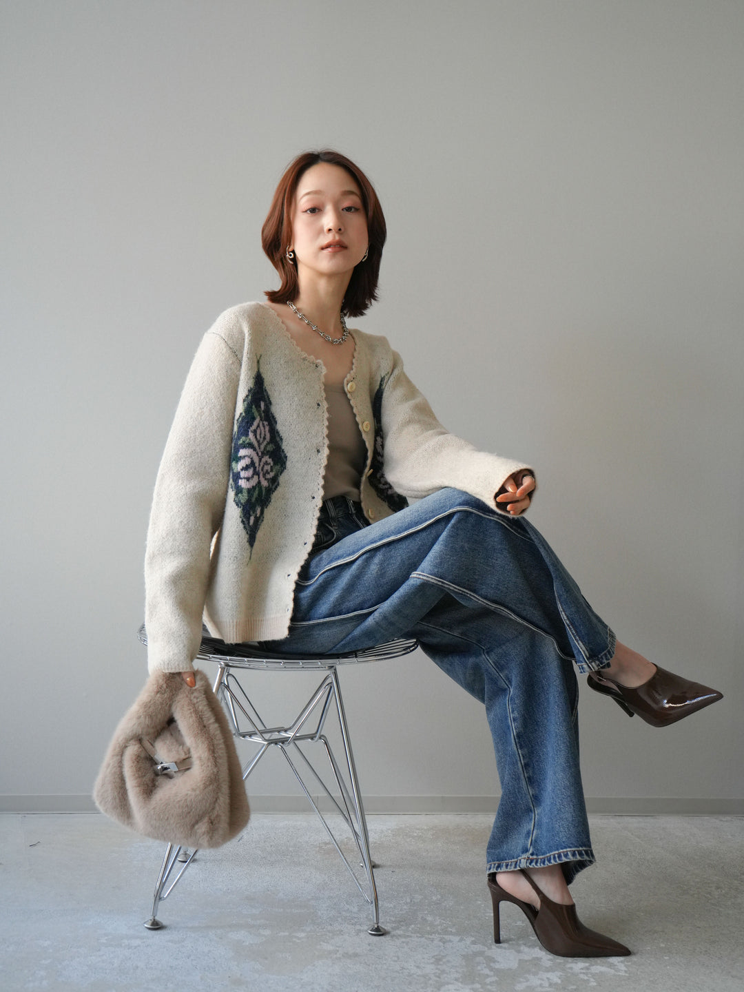 [予約]アンティークフラワージャガードニットカーディガン/ivory