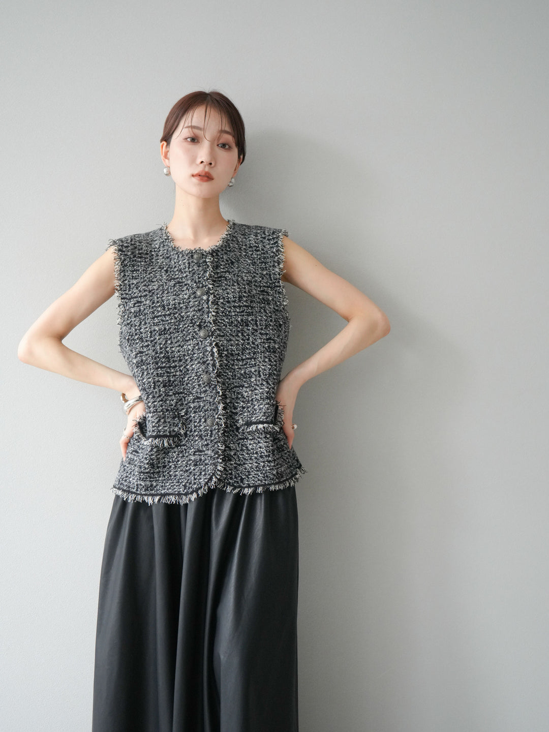 [予約]ミックスツイードフリンジニットベスト/ブラック