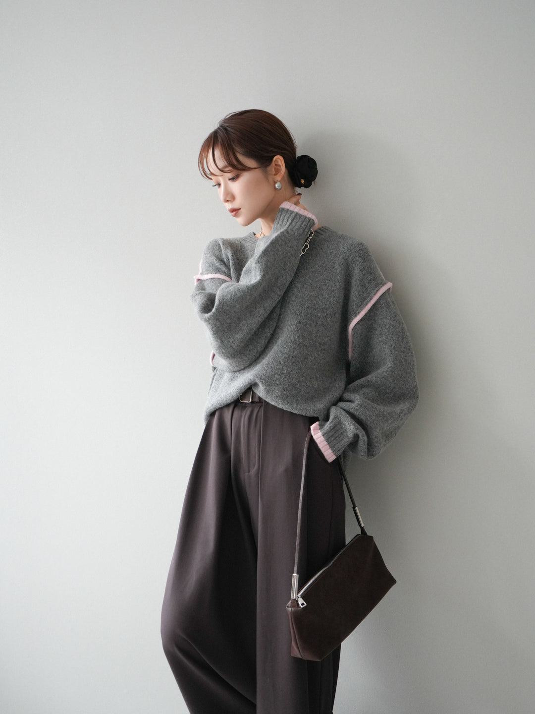 [予約]バイカラーパイピングニットプルオーバー/gray