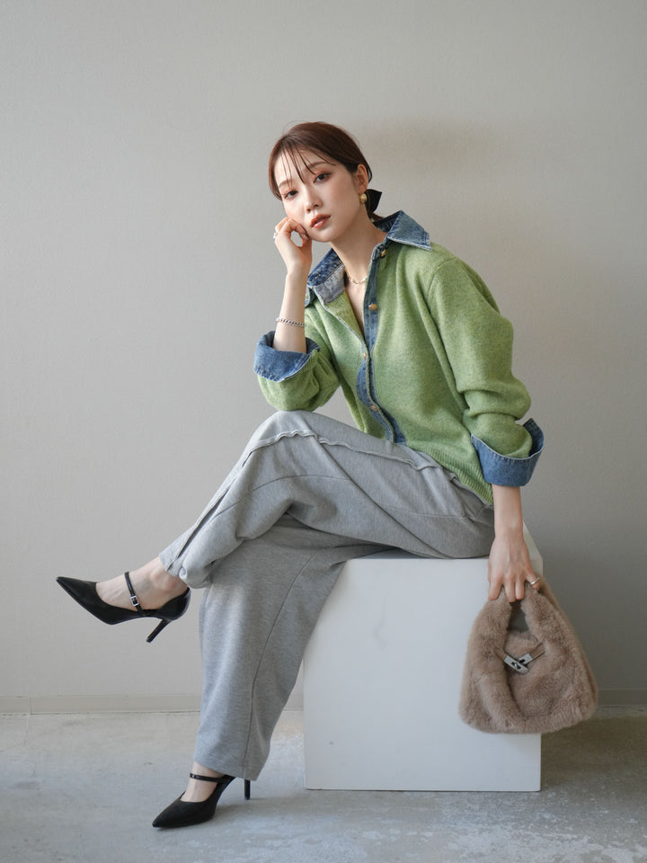 [予約]デニム襟ボタンニットカーディガン/pistachio