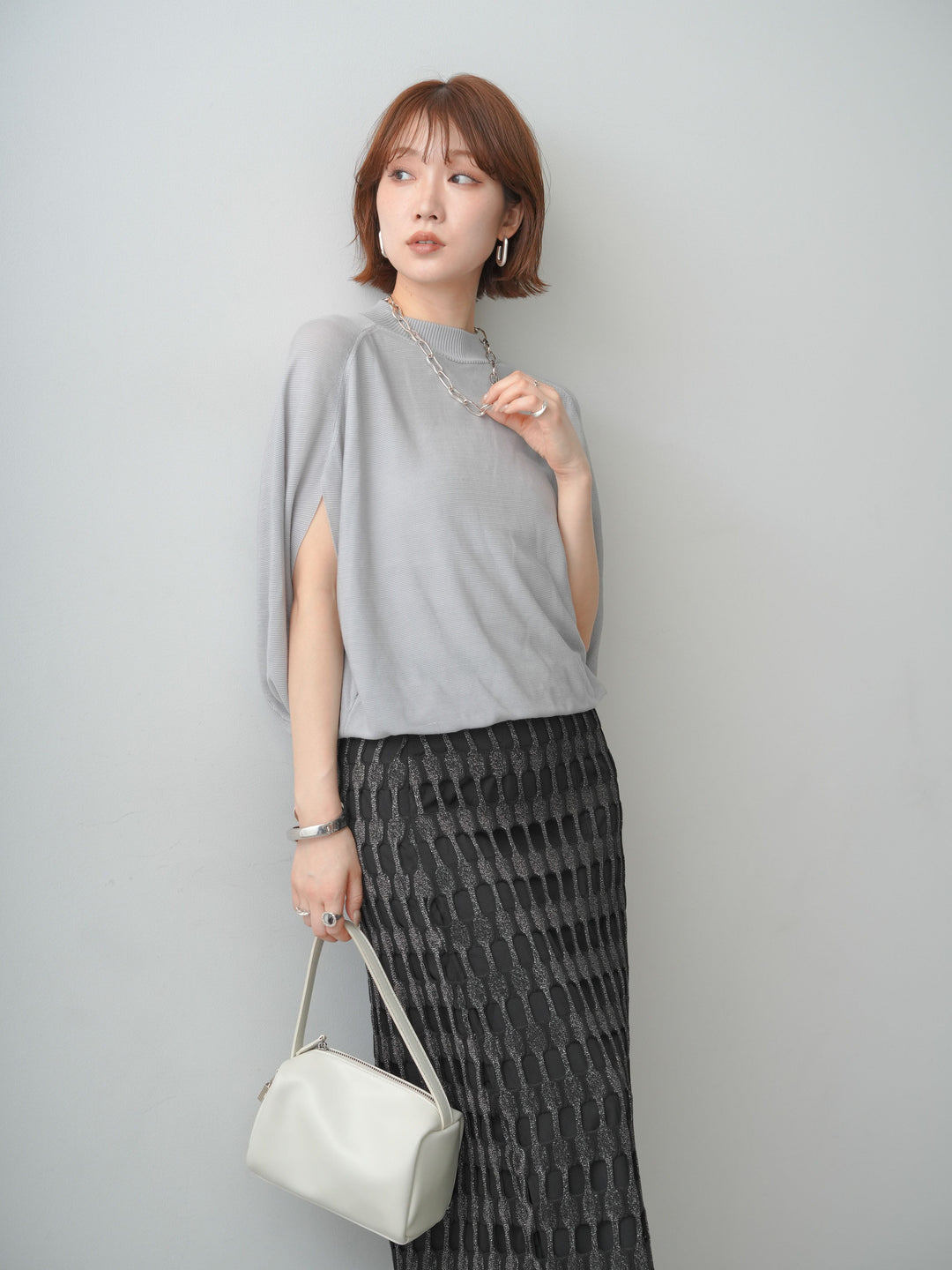 [予約]ボトルネックドロップショルダーニットトップス/grey