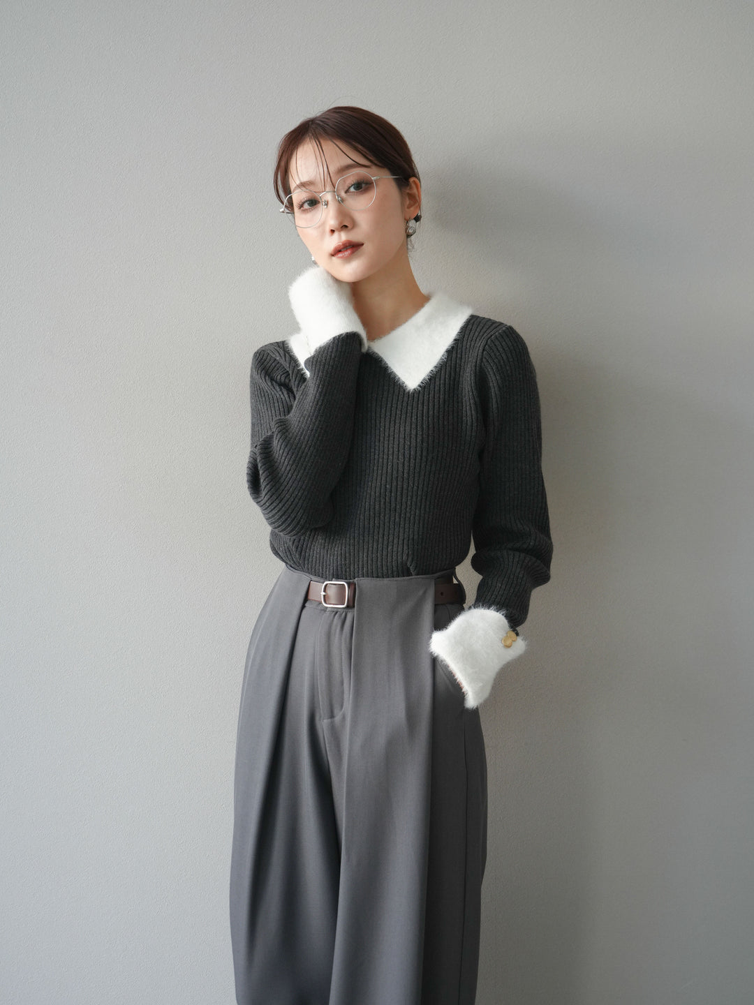 [SET]シャギー襟リブニットトップス+ベルトループデザインワイドパンツ(2set)