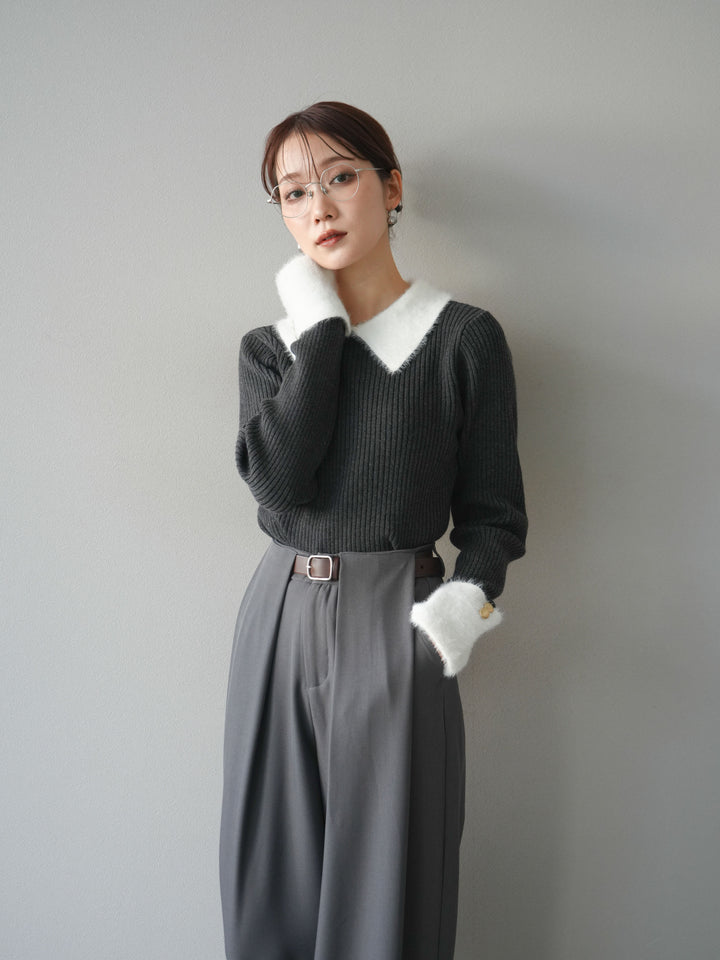 [SET]シャギー襟リブニットトップス+ベルトループデザインワイドパンツ(2set)