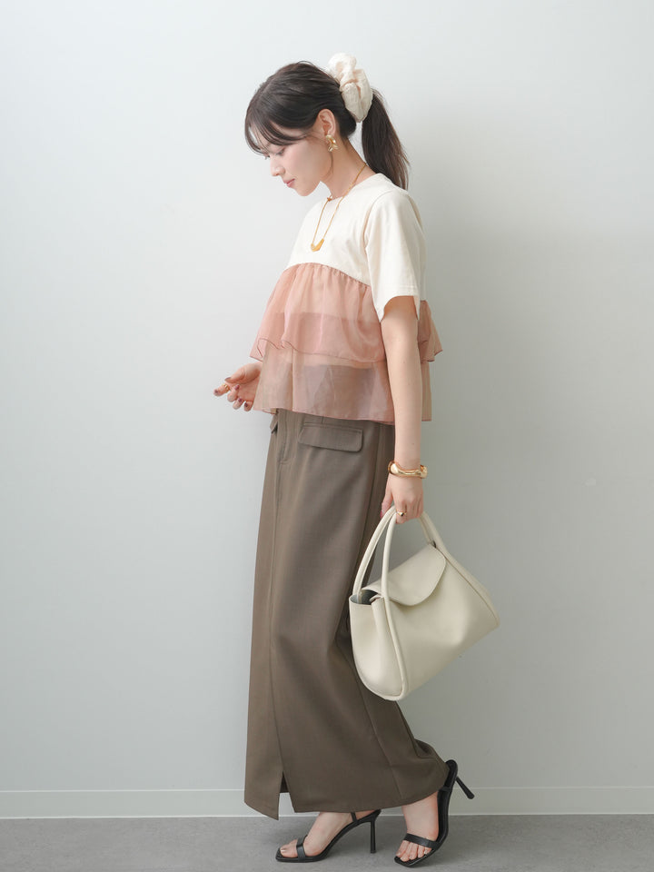 [SET]オーガンジーフリルドッキングTEE+クレープデシンフラップ付きストレートスカート(2set)