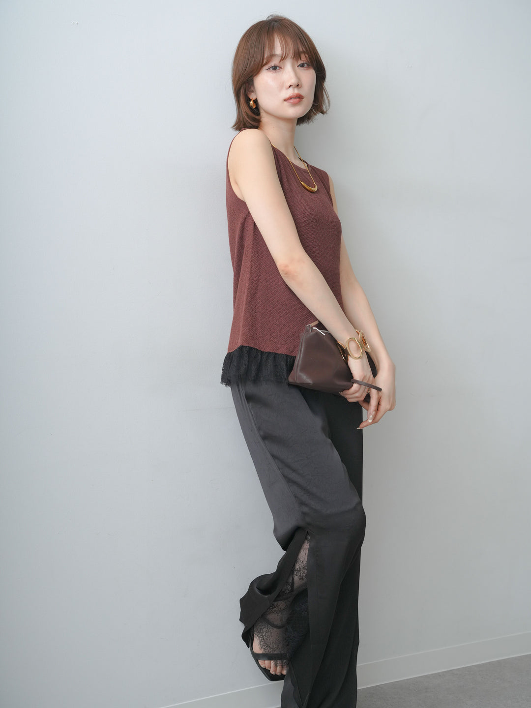[予約]レースドッキングノースリニットトップス/brown