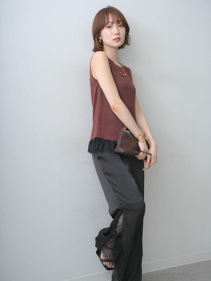 [予約]レースドッキングノースリニットトップス/brown