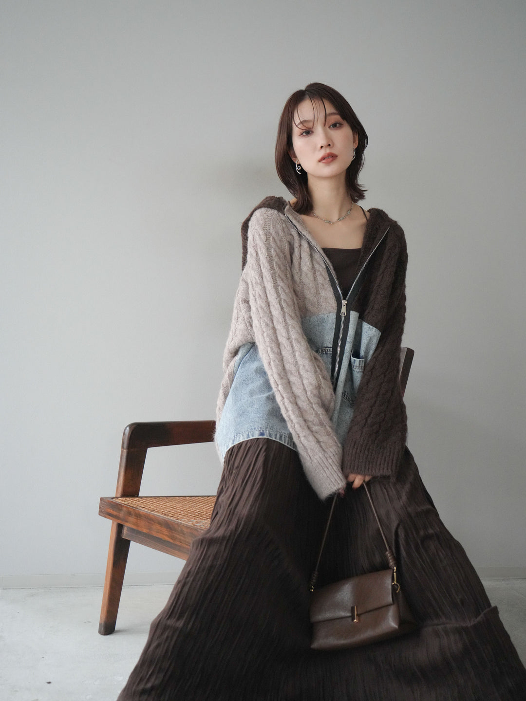 [予約]デニム×バイカラーニットZIPフーディ/brown