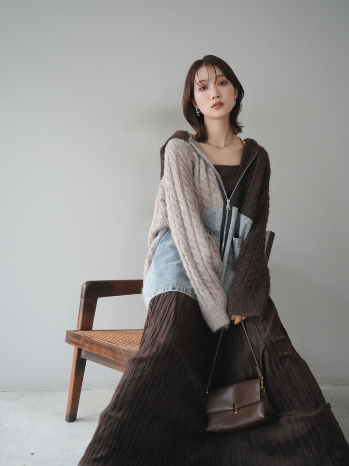 [予約]デニム×バイカラーニットZIPフーディ/brown