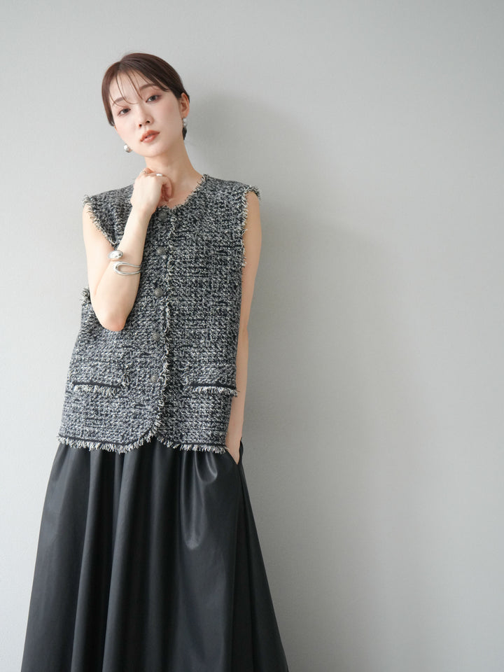 [予約]ミックスツイードフリンジニットベスト/ブラック