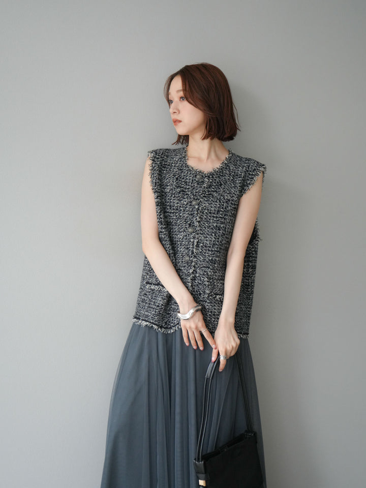 [予約]ミックスツイードフリンジニットベスト/ブラック