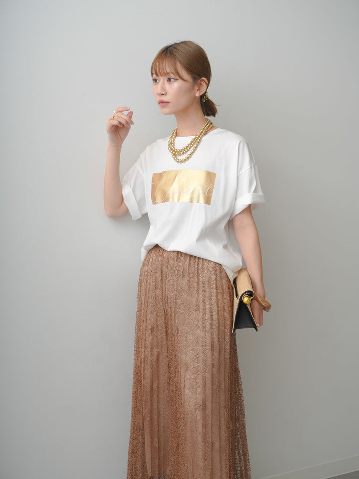 [SET]箔プリントボックスTEE+フローラルレースプリーツスカート(2set)