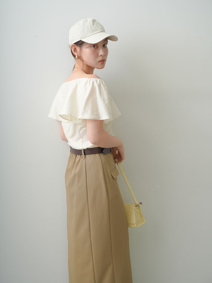 [SET]ラッフルオフショルブラウス+クレープデシンフラップ付きストレートスカート(2set)