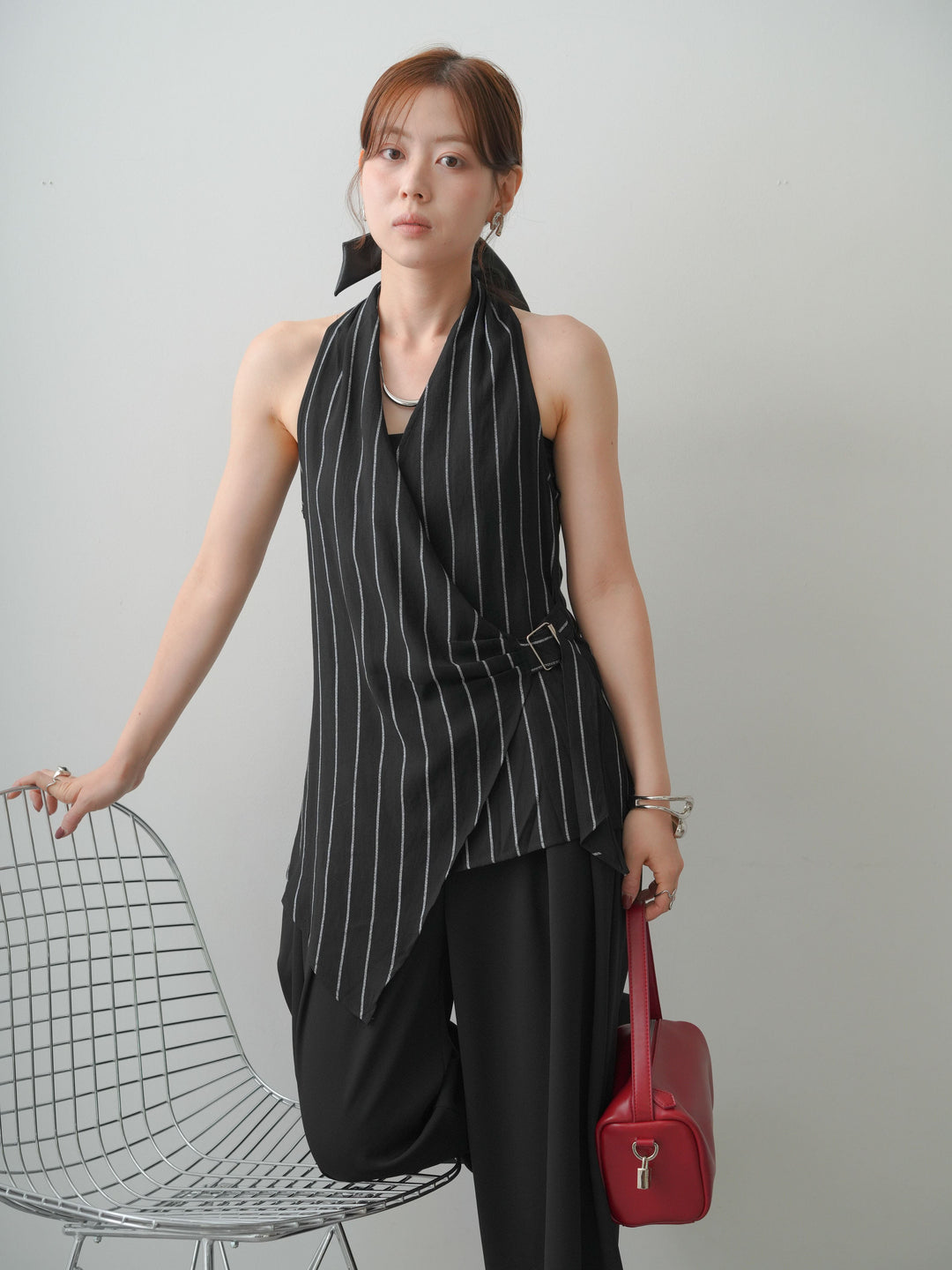 [SET]ストライプカシュクールジレ+クレープデシンタックワイドパンツ(2set)