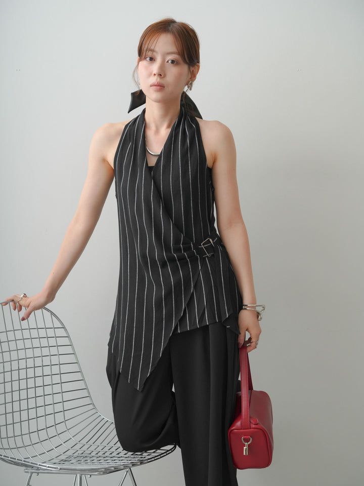 [SET]ストライプカシュクールジレ+クレープデシンタックワイドパンツ(2set)