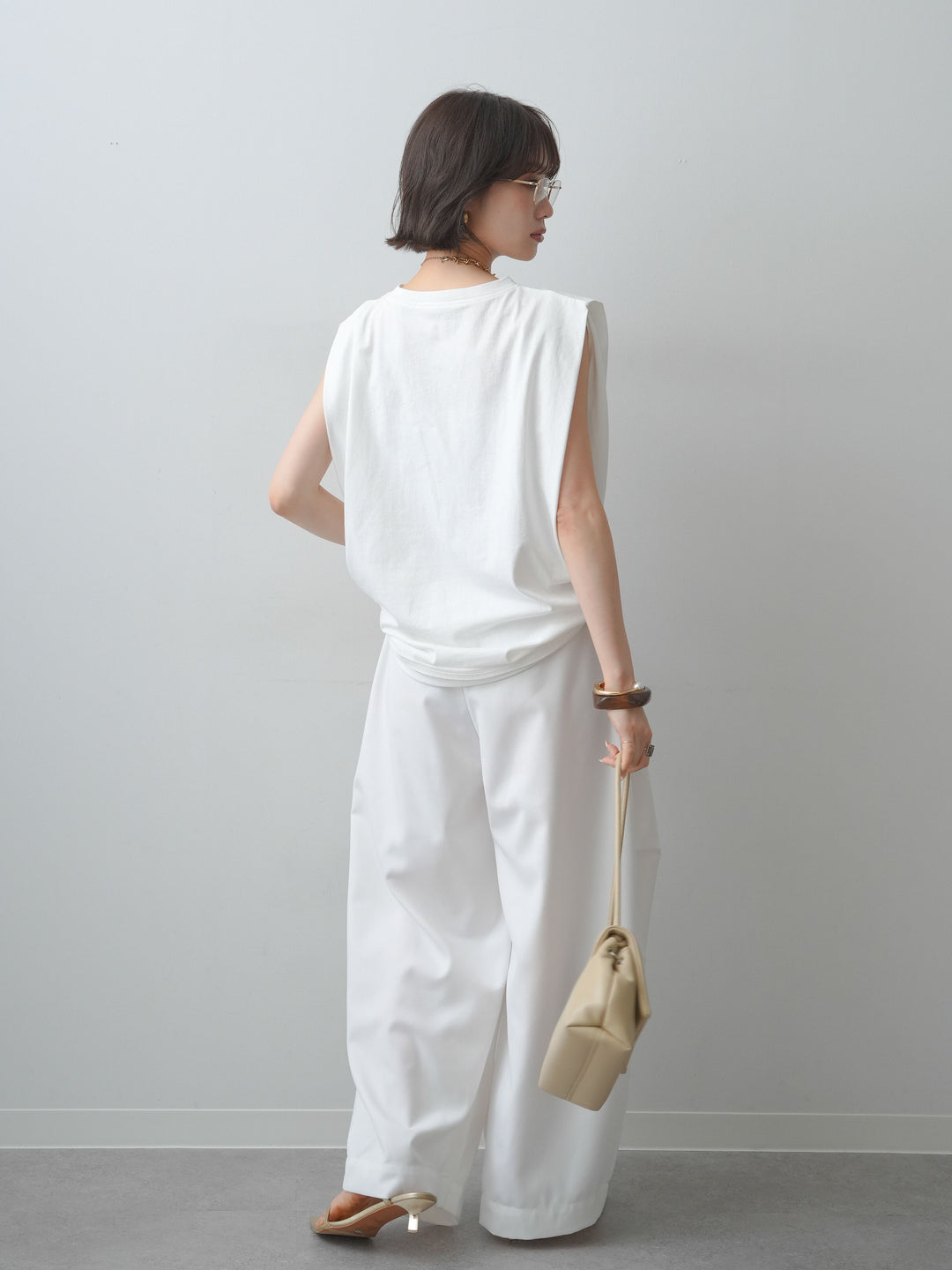 [SET]ワイドネックプリントTEE+ショルダータックノースリーブオーバーTEE(2set)