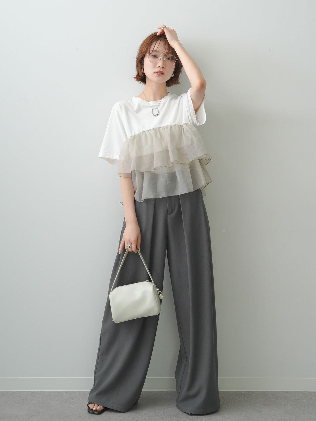 [SET]オーガンジーフリルドッキングTEE+ベルトループデザインワイドパンツ(2set)