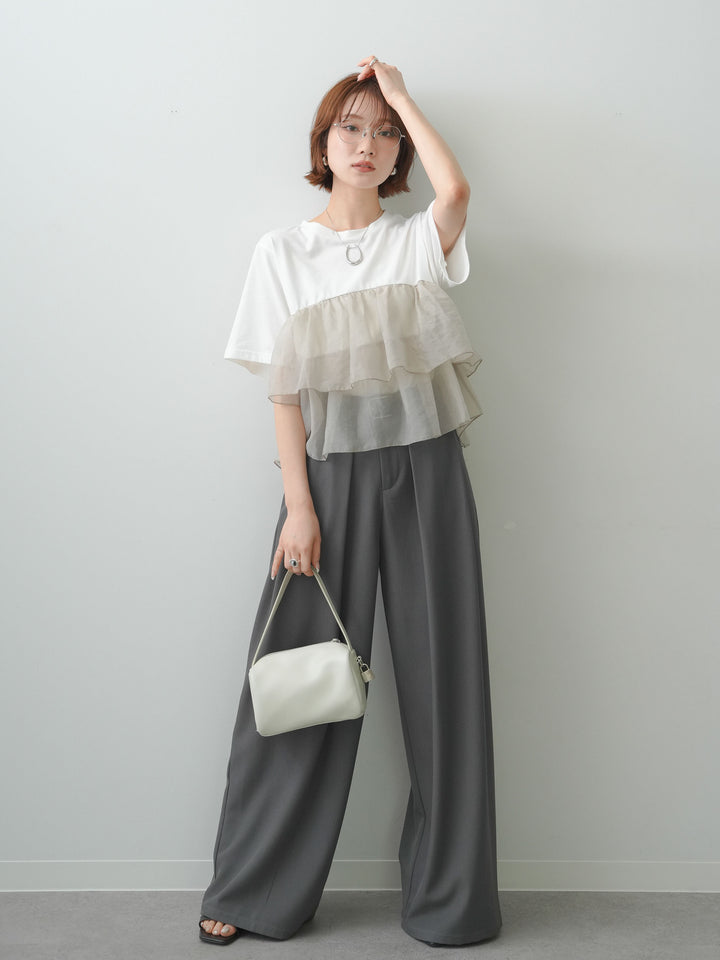 [SET]オーガンジーフリルドッキングTEE+ベルトループデザインワイドパンツ(2set)