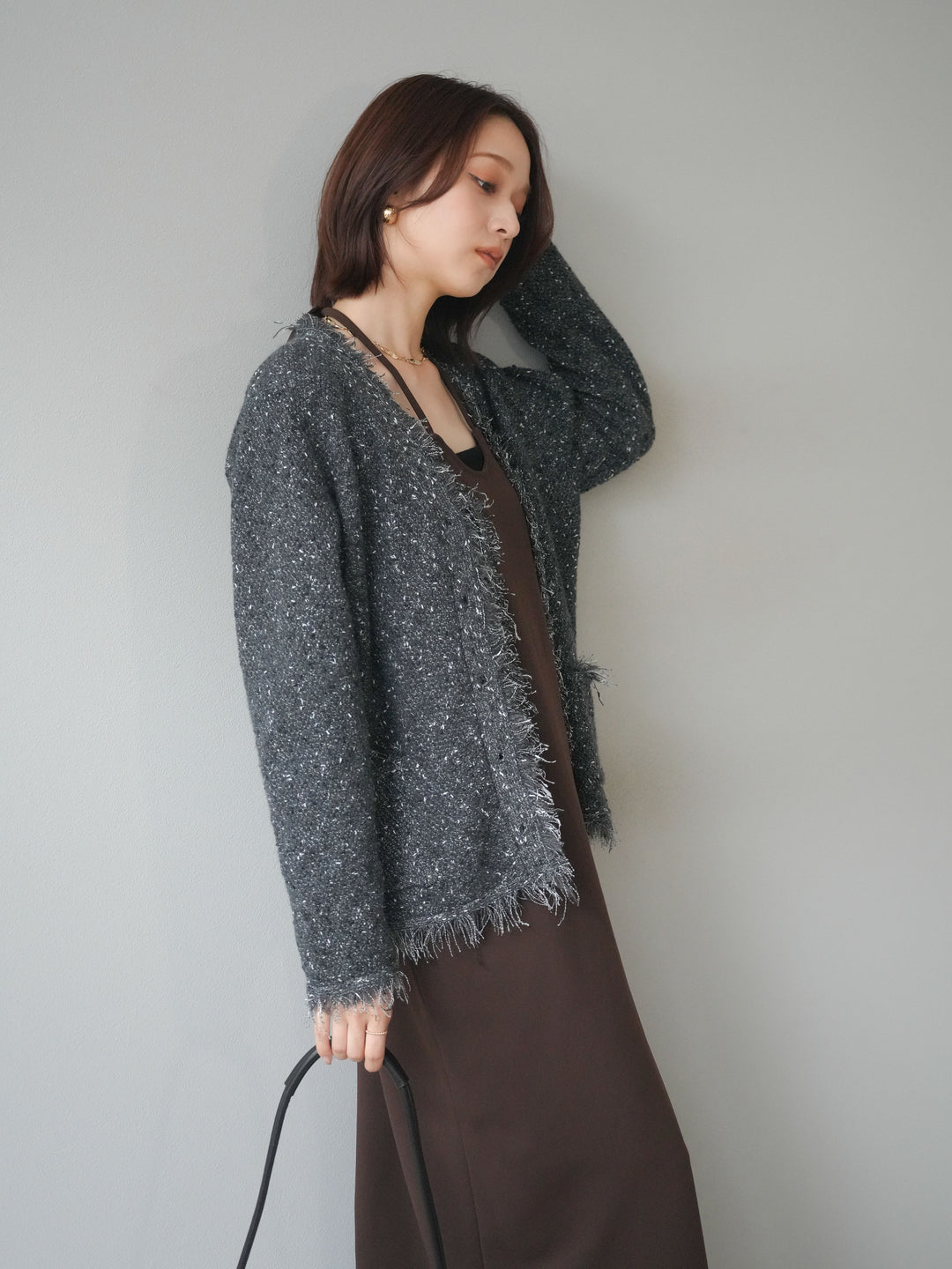 [予約]ネップフリンジニットカーディガン/ gray