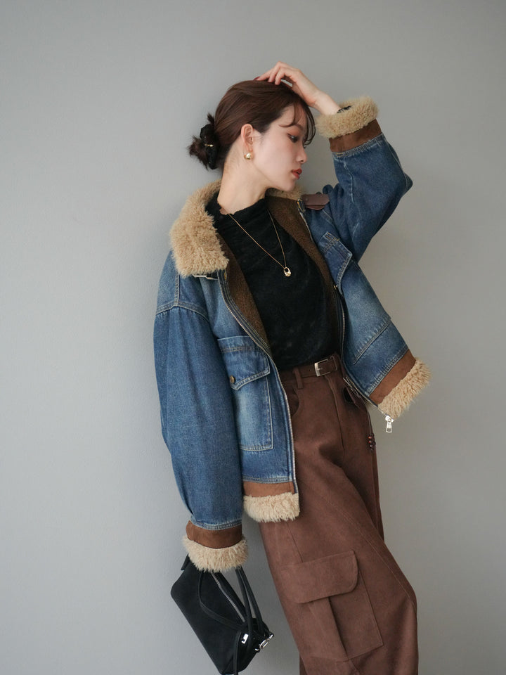 [予約]スタンドカラーファー×デニムジャケット/blue