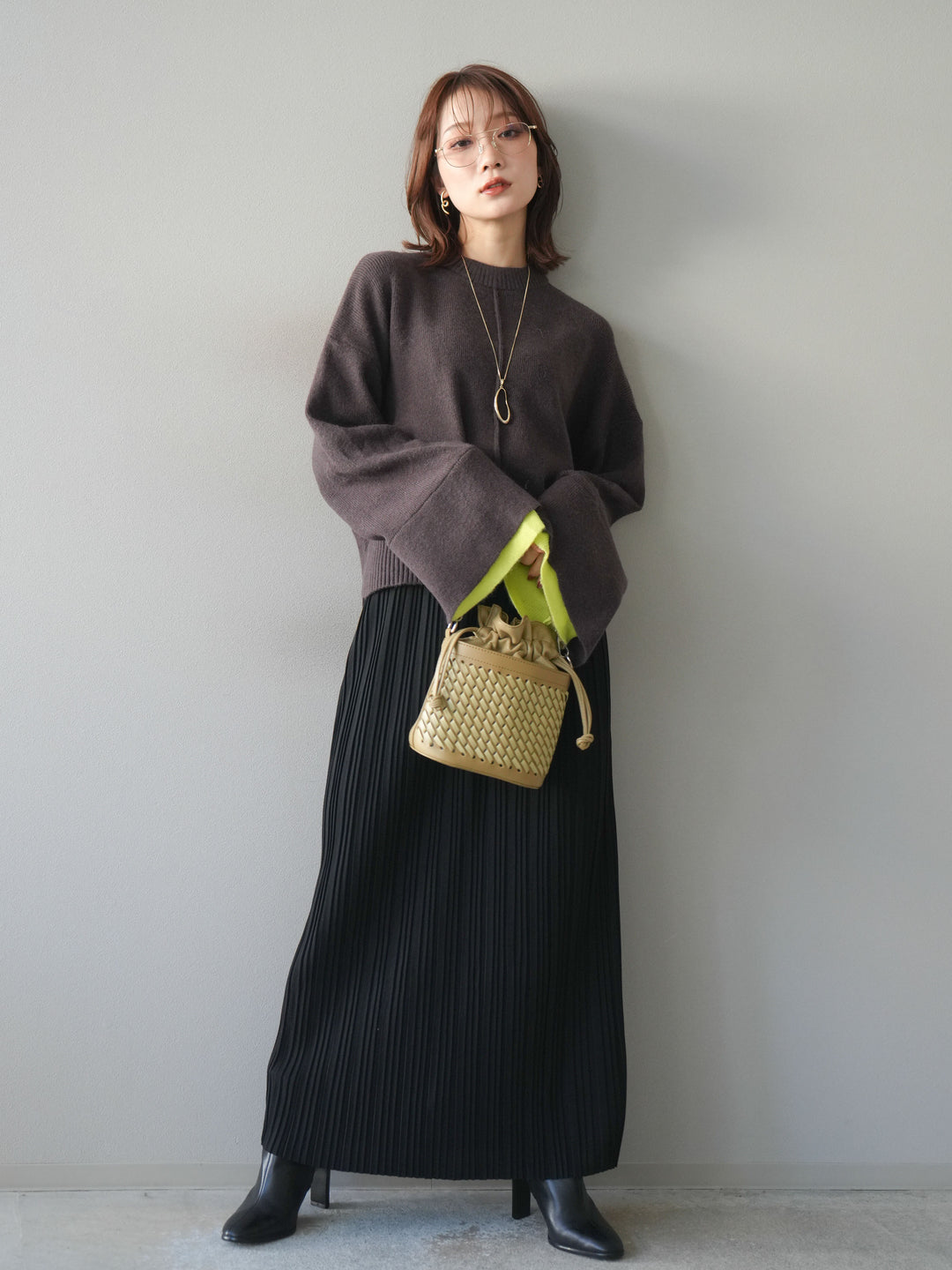 [SET]袖レイヤード配色ニットプルオーバー+プリーツIラインスカート(2set)