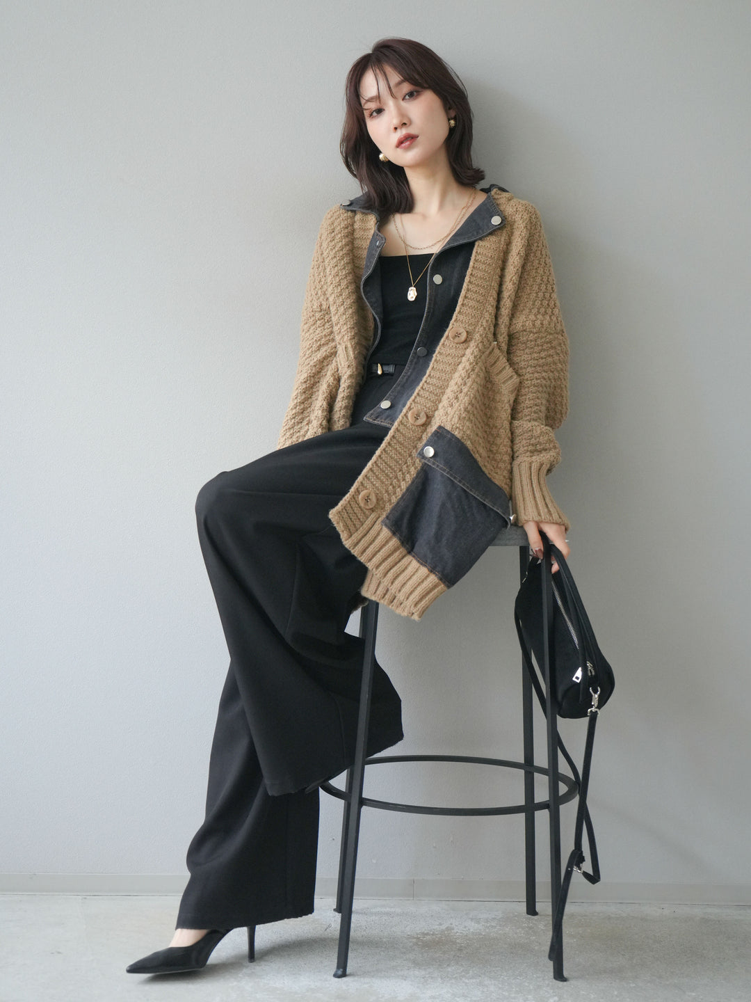 [予約]デニム襟レイヤードニットジャケット/beige