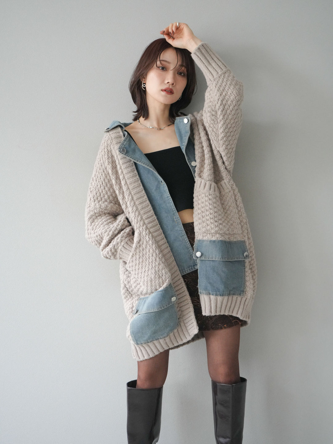[SET]デニム襟レイヤードニットジャケット+デニム襟レイヤードニットジャケット(2set)