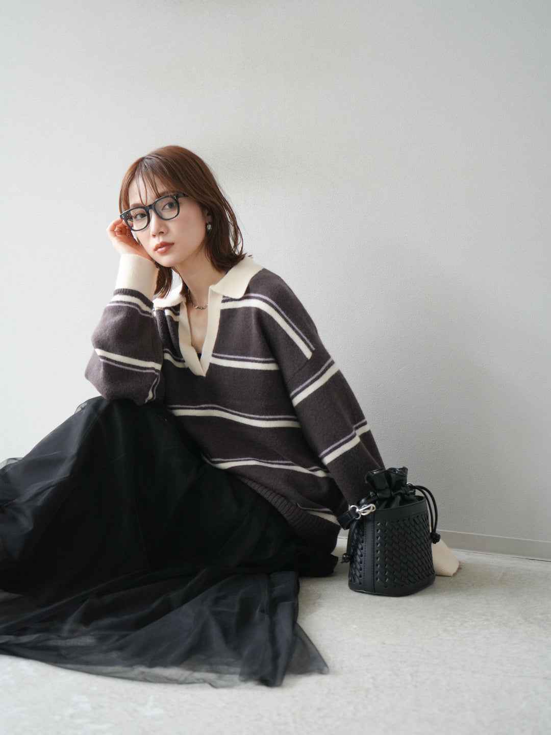 [SET]ポロ襟スキッパーボーダーニットプルオーバー+チュールボリュームスカート(2set)