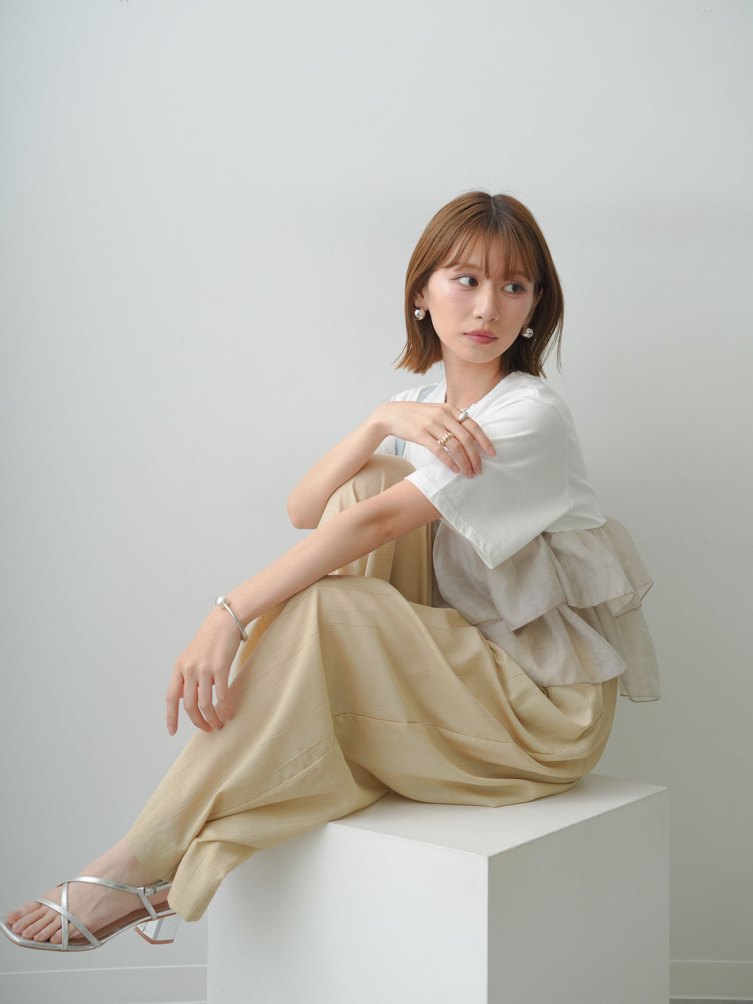 [SET]オーガンジーフリルドッキングTEE+ベルト付イージーフレアワイドパンツ(2set)