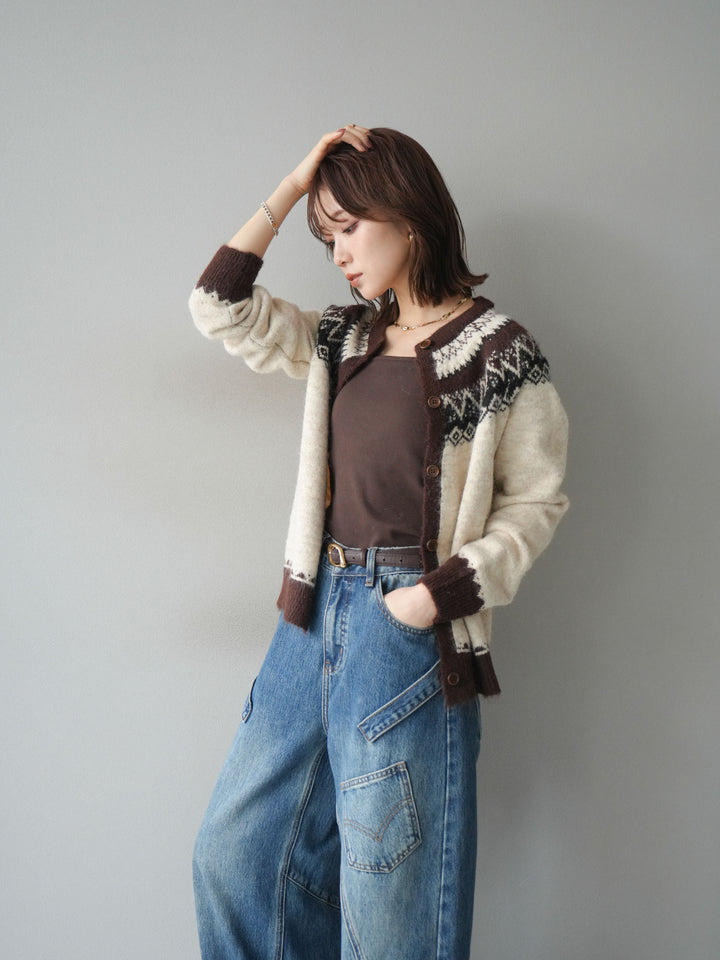 [SET]ノルディック柄ニットカーディガン+ペインターカーブデニムパンツ(2set)