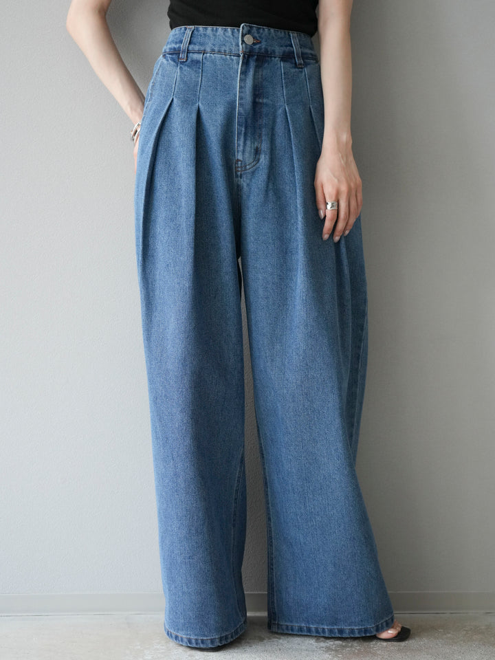 【預購】雙褶寬牛仔褲/藍色